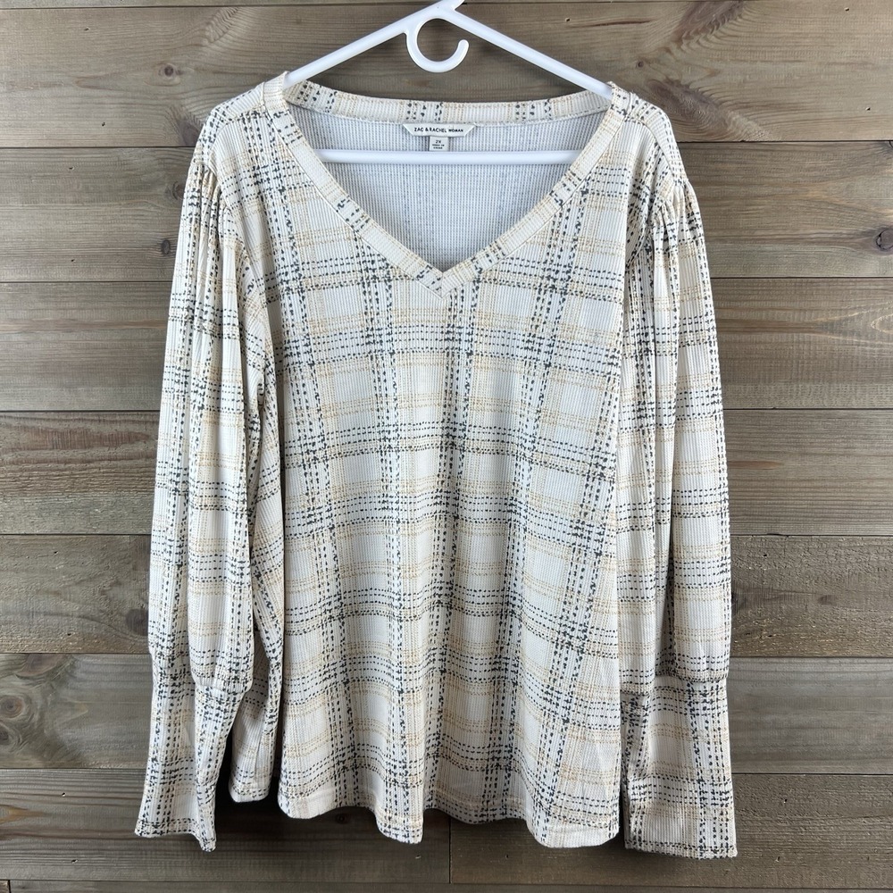 Zac & Rachel Womens Shirt Long Sleeve Vneck Plaid Pullover Boho‎ Casual Size 2X